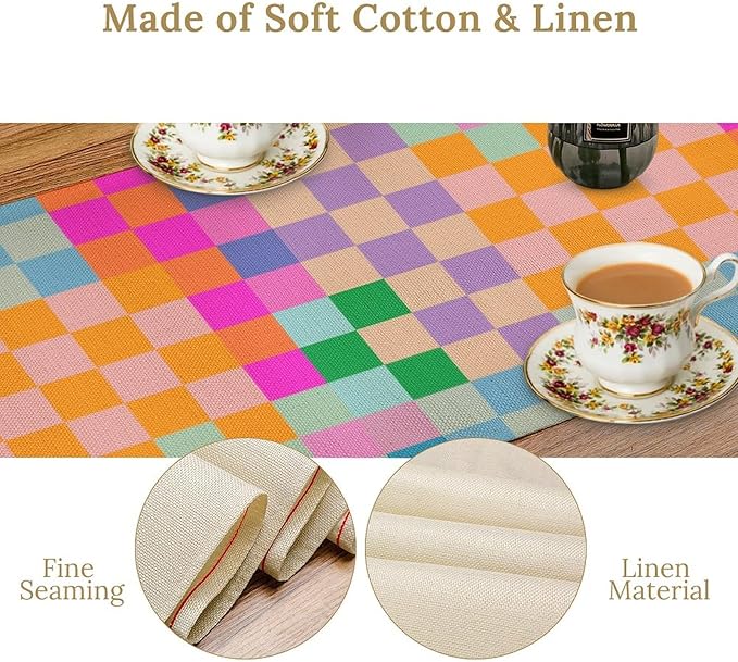 Retro Checkered Table Runner, Bright Rainbow Colorful Modern Groovy Aesthetic Table Runner for Dining Kitchen Party Home Wedding Banquet 13x108in