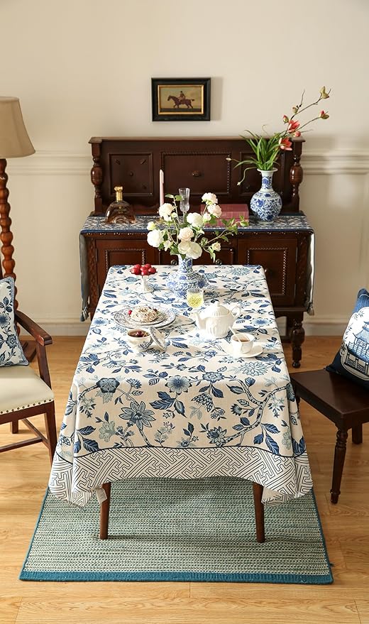 Vintage Blue and White Extra Long Rectangle Tablecloth,French Linen Floral Wrinkle Free Tablecloths,Decor Table Cover for Kitchen,Dining,Party,Thanksgiving,Christmas,67"*118"-Suqing