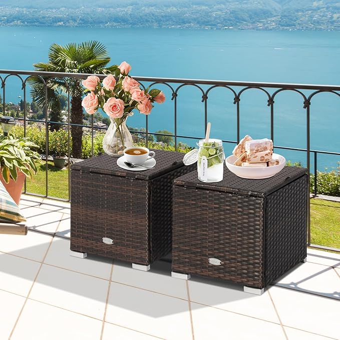 Tangkula 2 Pieces Patio Ottomans, Patiojoy Hand-Woven PE Rattan Side Table with Removable Cushion & Hidden Storage Space, Multifunctional Storage Box, Seat for Patio, Backyard, Poolside (Black)