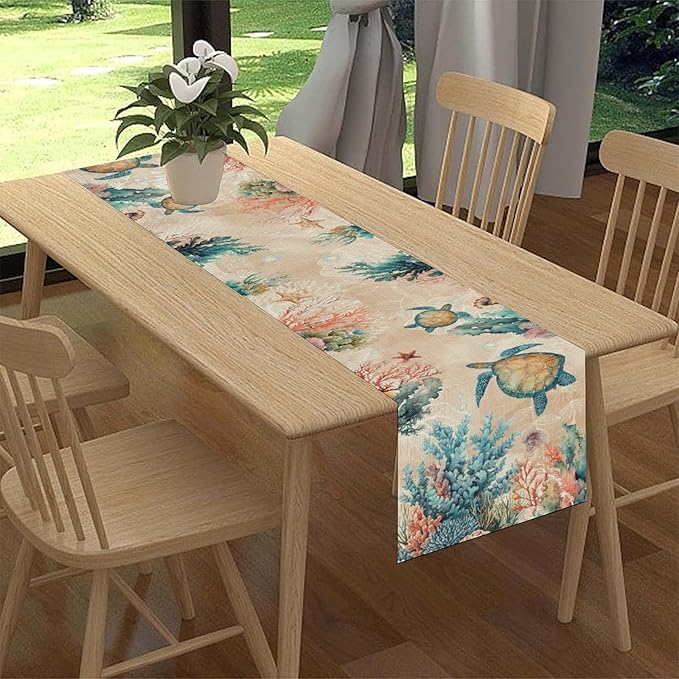 Retro Sea Turtle Table Runner, Nautical Starfish Underwater Coral Seashell Coastal Ocean Seasonal Coffee Table Center Decor for Home Kitchen Dining Patio Holiday Party Table Decorations 13"x108"