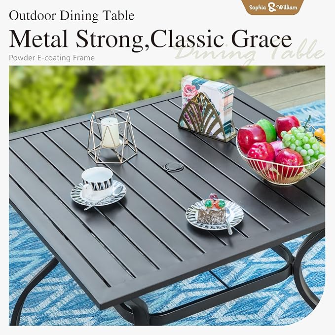 Sophia & William Metal Outdoor Patio Dining Set 6 PCS with 10ft 3 Tier Auto-tilt Umbrella(Orange Red), 4 x Metal Outdoor Chairs, 1 x Square 37"x 37" Dining Table and 1 Patio Umbrella