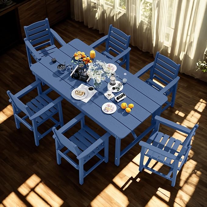 7 Piece Patio Dining Set with 11ft Patio Umbrella (Red), 7 Navy Outdoor HDPE Dining Set with 6 Chairs + 1 Large Table with 2" Umbrella Hole, for Market, Pool, Garden, Backyard, Deck