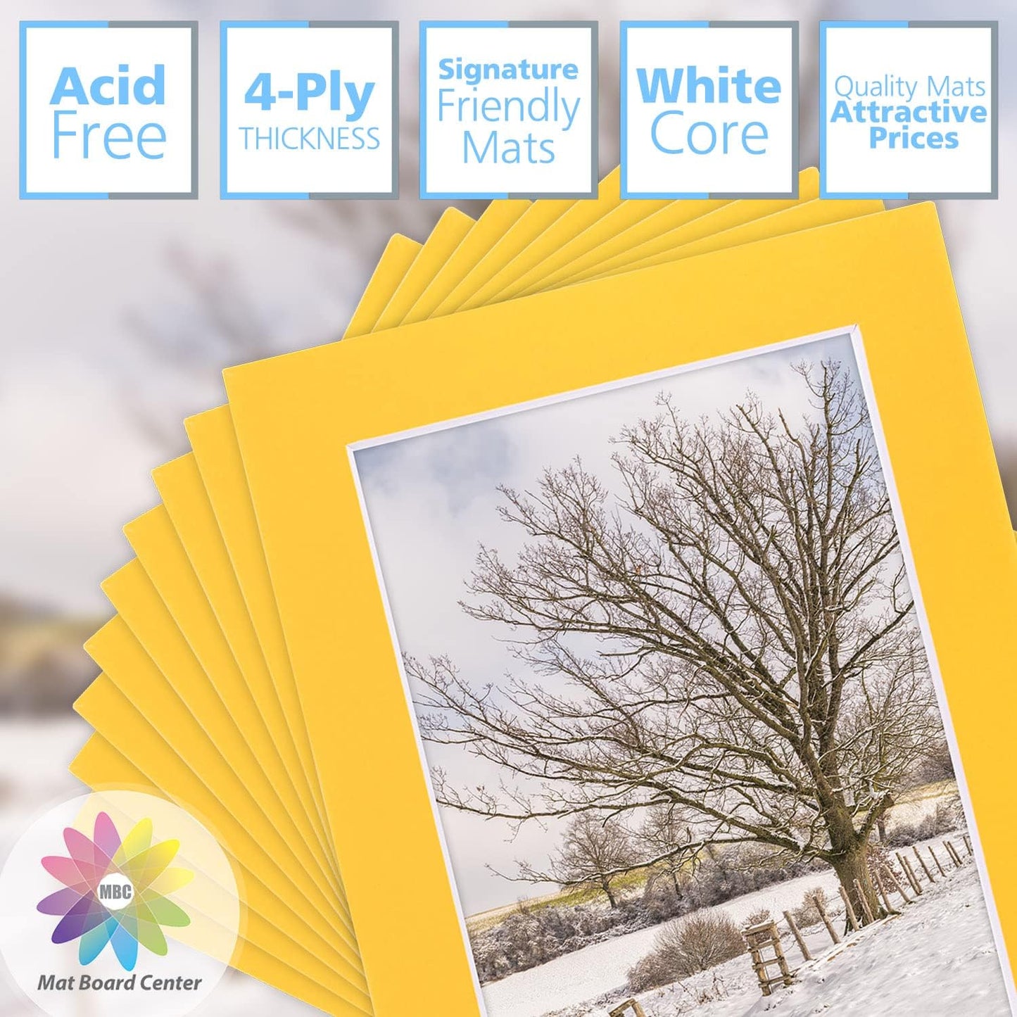 Mat Board Center, Pack of 10, 5x7 for 4x6 Deep Yellow Color Mats - Bevel Cut, Acid Free, 4-ply Thickness, White Core - for Pictures, Photos, Framing