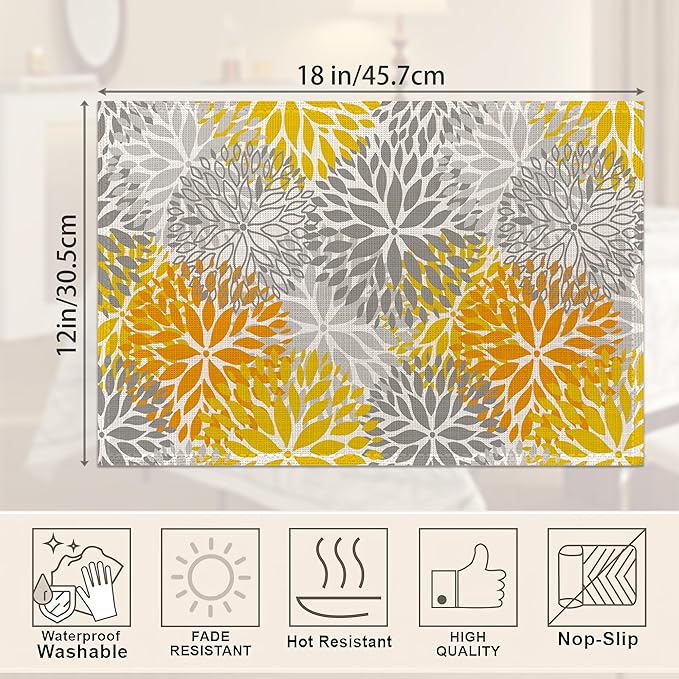 Abstract Yellow Gray Dahlia Flower Placemats Set of 6,Elegant Vinyl Place Mats Heat Resistant Washable Non-Slip Table Mats for Party Kitchen Dining Decor 12x18 Inch