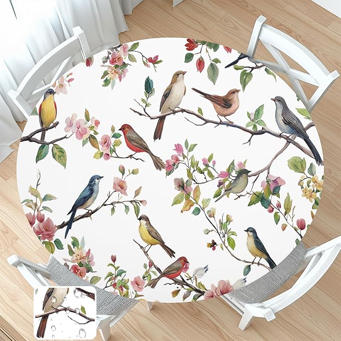 Spring Summer Round Fitted Tablecloth with Elastic Edge Bird Floral Easter Circle Table Cloth for 44-48" Round Tables Wipeable Waterproof Hummingbird Flower Table Cover for Outdoor Picnic Dining Decor