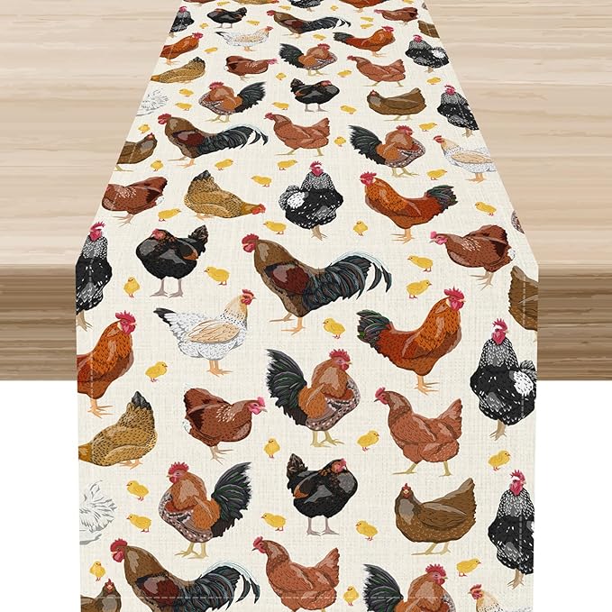 Farmhouse Rooster Table Runner, Rustic Farm Animals Cow Pig Chicken Coffee Table Center Decor for Home Kitchen Dining Patio Holiday Party Indoor Outdoor Table Decorations, 13"x36" Inch