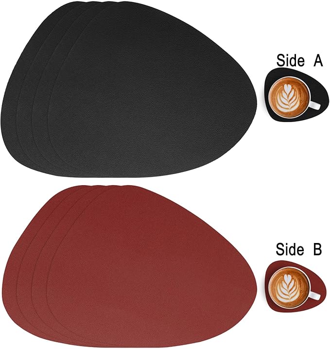 Myir JUN Placemats, Dual-Sided Placemats Waterproof Faux Leather Placemats Set of 4 Place Mats and Coasters Non-Slip Washable Table Mats for Dining Table (Red Black, Set of 4)