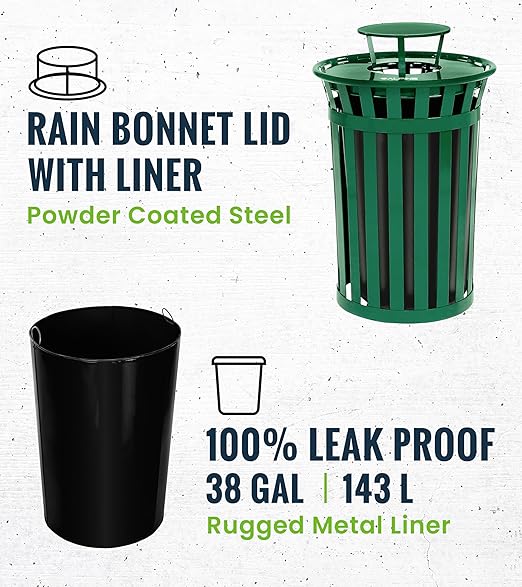 Alpine Commercial Outdoor Trash Can - 38 Gallon Heavy Duty Green Recycle Garbage Can with Liner, Flat Lid and Rain Bonnet Lid, All Weather Resistant Large Outside Trash Can for Parks, Parking, School