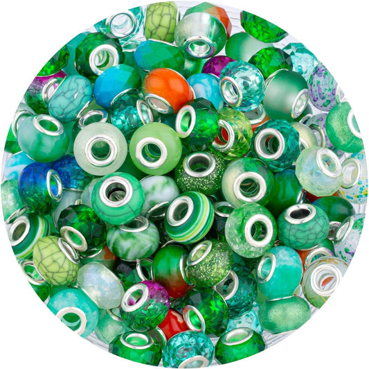 LAIDANLA Green Mix Large Hole Beads, 100pcs 15mm x 5mm Round Resin, Plastic, Acrylic Loose Beads for Jewelry Making, Bracelet, Necklace, Earrings, Keychain, DIY Gifts