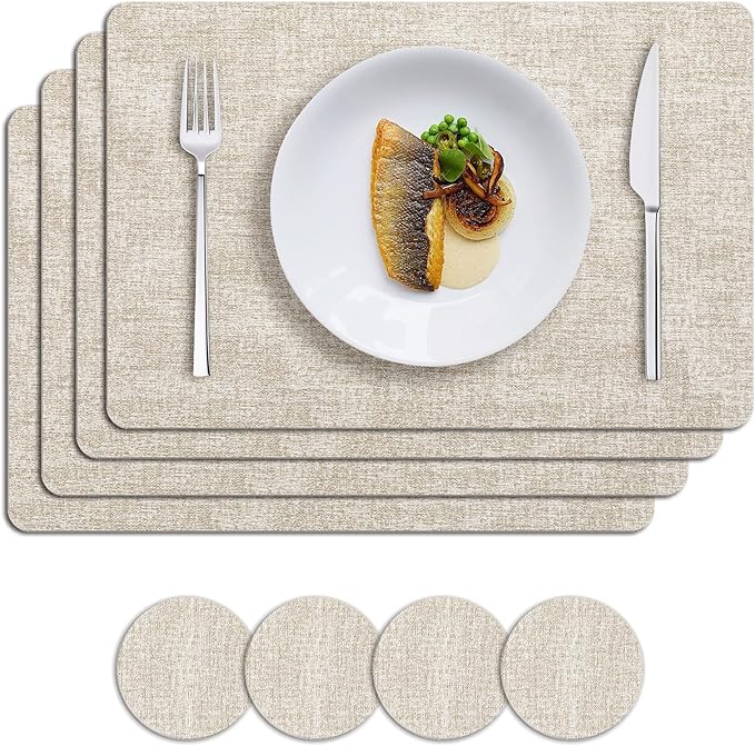 MOSAYT Placemats Set of 4, Heat Resistant Vinyl Place Mats with Coasters, 100% Waterproof Wipeable & Washable Faux Leather Table Mats for Kitchen Dining Party Indoor Outdoor, 12" x 17", Beige