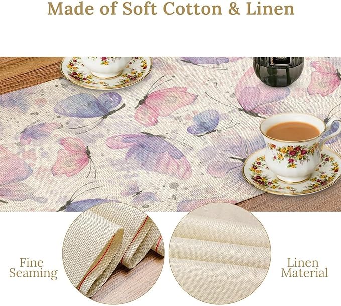 Watercolor Butterfly Table Runner, Pink Purple Butterfly Splash Spot Doodle Art Table Runner for Holiday Kitchen Dining Outdoor Home Party 13x70in