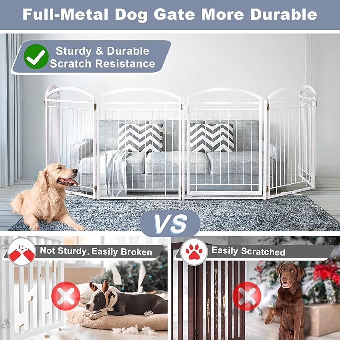 Full Metal Free Standing Dog Gate with Door for Indoor Outdoor, 144'' Extra Wide 36'' Tall Dog Gate for Doorways,Large Openings,Decks,Freestanding Portable Pet Fence(6 Panels,White)