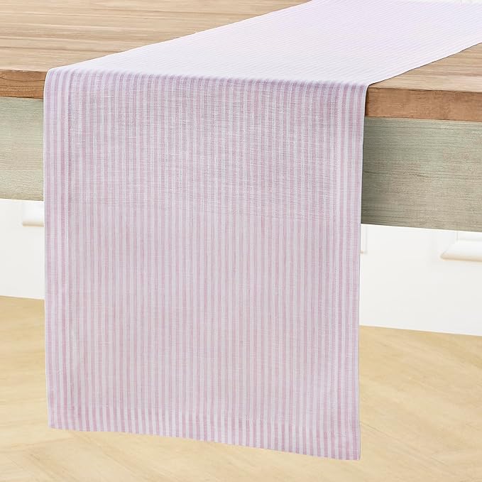 Solino Home Linen Table Runner 108 Inches Long - Narrow Stripe, 100% Pure Linen Pink and White Table Runner 14 x 108 Inch for Dining, Valentines, Spring, Easter