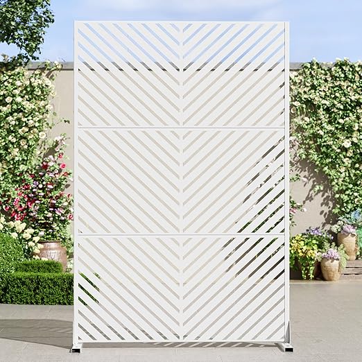 Casaphoria 72" H x 47" W Metal Outdoor Privacy Screen, Freestanding Decorative Divider for Patio, Deck, Balcony, and Garden with Stable Base, White-Parallel