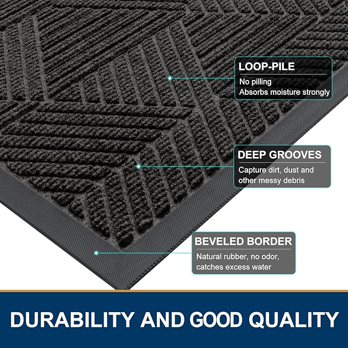 Smiry Front Door Mat Outside Entrance, Heavy Duty Sturdy Natural Rubber Doormat, Trap Dirt and Moisture, Easy Clean Low Profile Mats for Indoor Outdoor Entry, Irregular Triangle (36x24, Charcoal)
