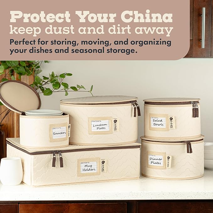 China Storage Hard Shell Containers 5-Piece Set Moving Boxes for Dinnerware, Glasses, Plates, Mugs and Saucers Sturdy Dish Organizer with Dividers for Seasonal Storage - Service for 12 - Beige Quilted