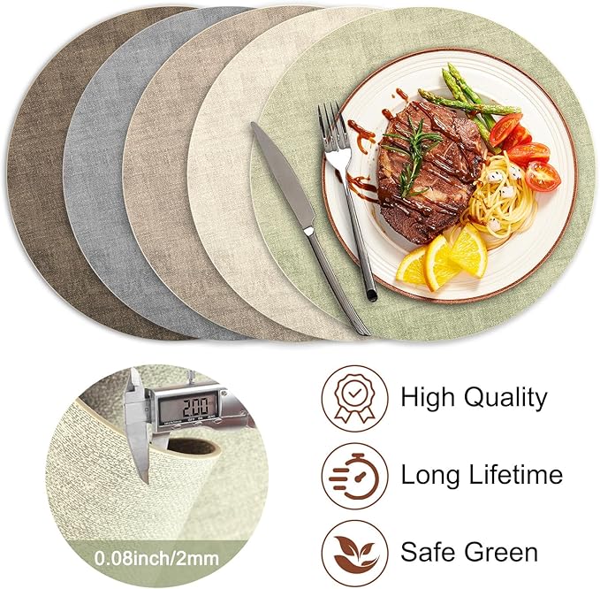 Round Faux Leather Placemats and Coasters, Set of 4, Reversible Heat Resistant Non-Slip Table Mats, Waterproof Wipeable Place Mats for Dining Table, Washable for Indoor & Outdoor (4, Light Green)