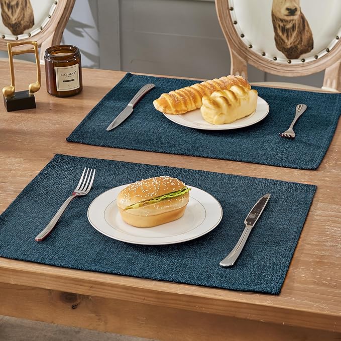 BALCONY & FALCON Placemats Set of 6 Faux Linen Cloth Place Mats Washable Waterproof Wrinkle Resistant Table Placemats for Dining Kitchen Farmhouse Indoor & Outdoor Use(Navy Blue, 13.8”x 17.7”