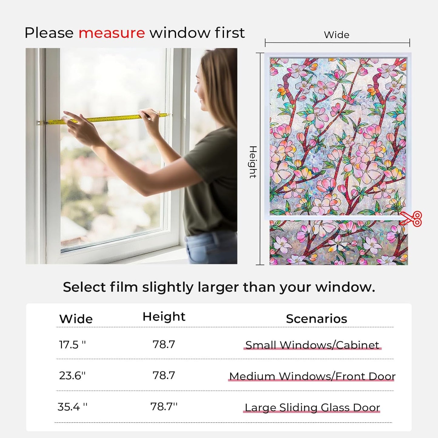 Window Privacy Film Rainbow Film Stained Glass 3D Static Cling Decorative Window Sticker for Bathroom,Front Door,Home Heat Control UV Blocking Non Adhesive,Peach Blossom 23.6 x 78.7inches