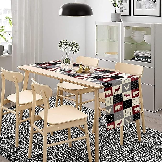 Farmhouse Bear Deer Table Runner, Retro Rustic Village Buffalo Plaid Table Runner for Coffee Table Dining Room Table Bedroom Party Holiday 13x36in