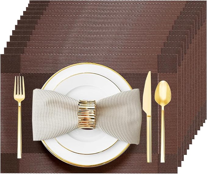Placemats Set of 12 Washable&Wipeable Place mats for Dining Table Kitchen Indoor Outdoor Table Mats Heat Resistant Non Slip Woven Vinyl Table Placemats (Brown，12PCS)