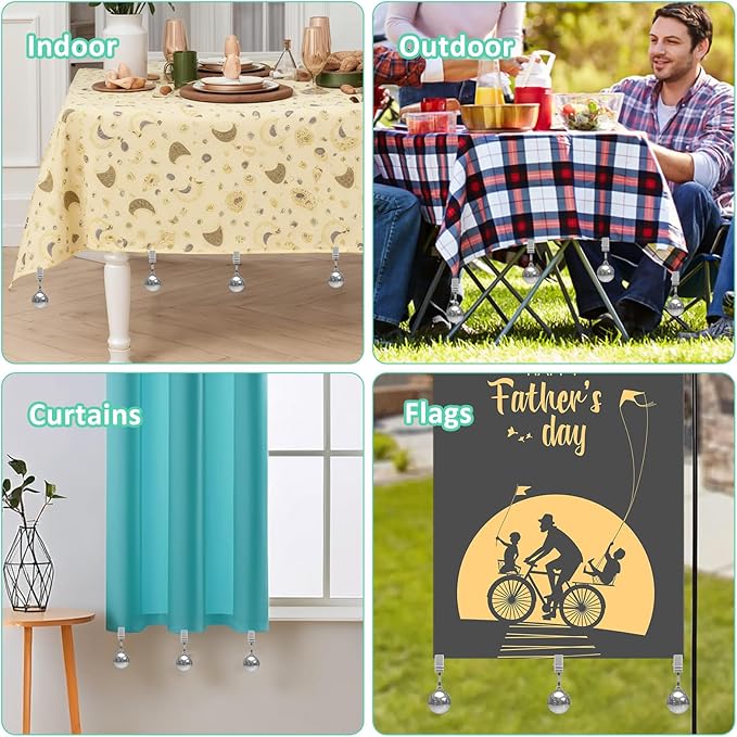 10 Pack Heavy Tablecloth Weights, Stainless Steel Balls with Metal Clips, Curtain Weights for Outdoor, Table Cover Weights for Decoration, Outdoor Picnic, Garden Flag, Family Dinner
