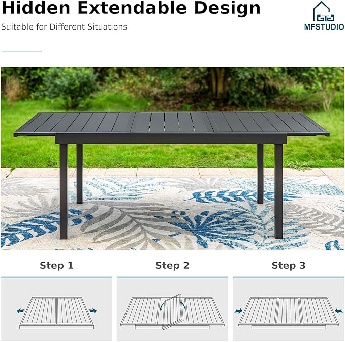 MFSTUDIO Outdoor Dining Set for 8, Patio Dining Set with Expandable Table, 9 Piece Patio Table and Chairs Set, Outdoor Patio Furniture Set for Deck Backyard Poolside Garden