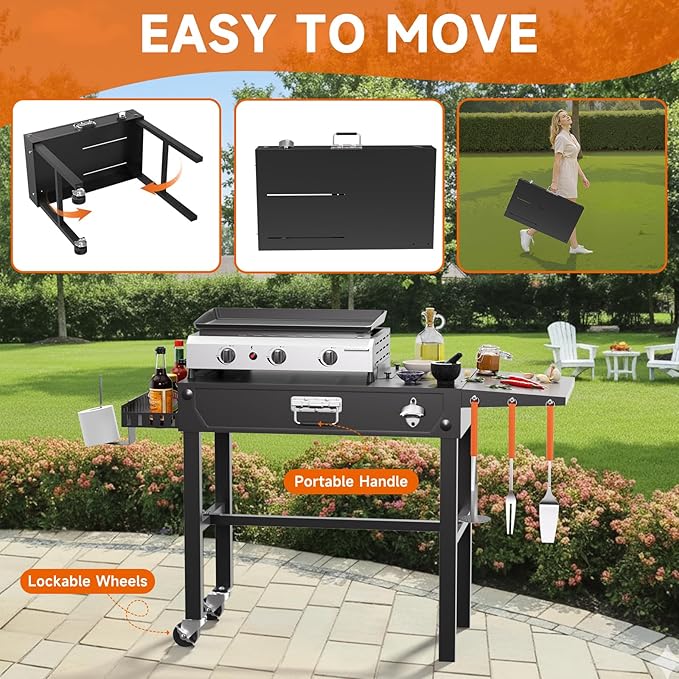 Grill Cart, Portable Grill Table for Blackstone Griddle, Foldable Outdoor BBQ Stand with Side Tray ＆ Hooks, Movable Pizza Oven Table for Outdoor Use, Fit 17"/25"/30" Large Space