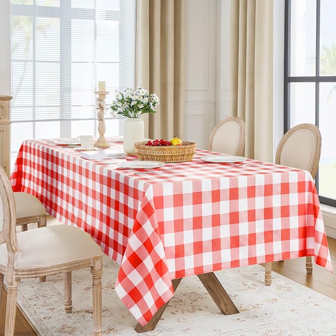 Softalker Gingham Checkered Tablecloth Square - Outdoor Waterproof Buffalo Plaid Table Cloth, Stain Resistant Washable Table Cover for Picnic, Camping, Dining - Red and White, 54 x 54 Inch