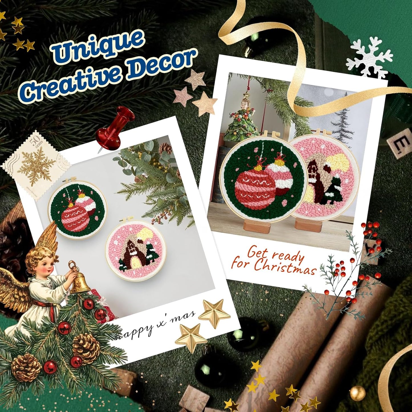 yuegool 2PCS Christmas Punch Needle Decoration Kit,Easy DIY Punch Needle Embroidery Kit for Beginners Adults Kids Including Patterns, Tools, Yarns, Hoop, Instruction, Bracket Art Craft Supplies