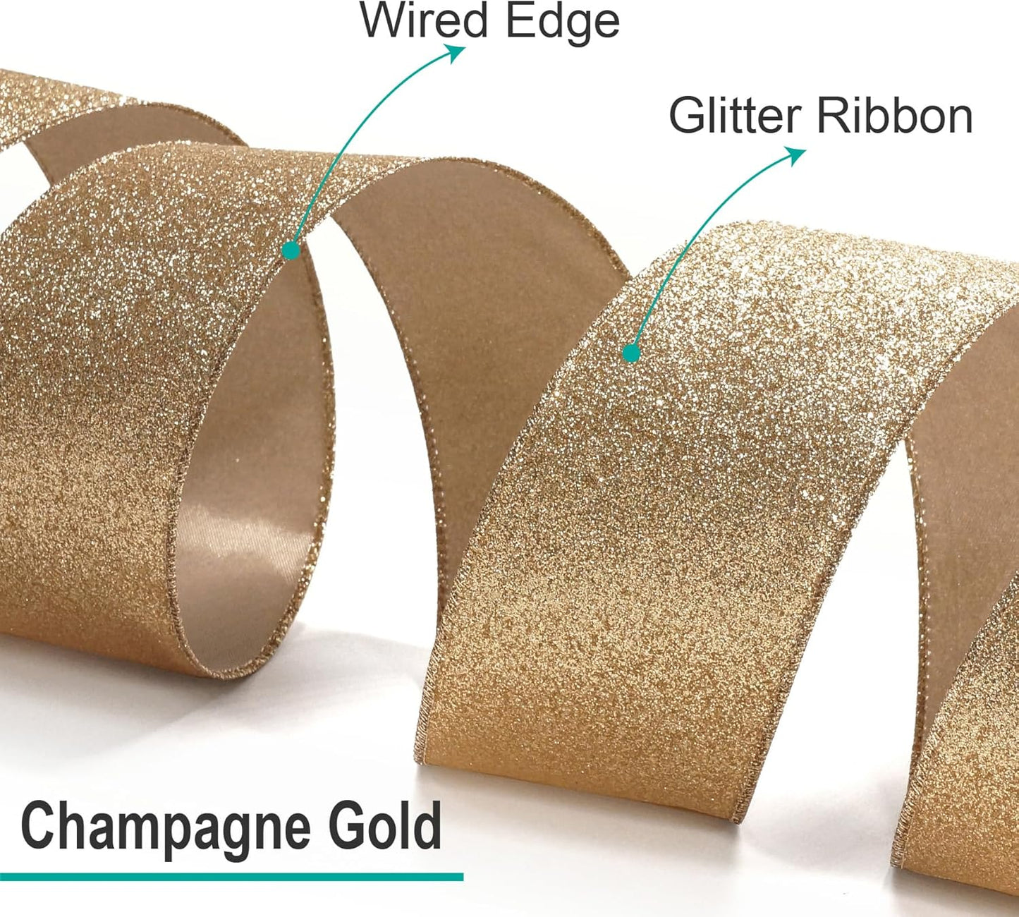 CT CRAFT LLC Glitter Wired Ribbon 1.5" x 20 Yards Gold (Champagne Gold) for Christmas Home Decor Bow Gift Wrapping DIY Crafts Wreath