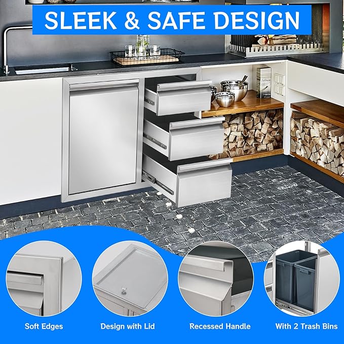 Outdoor Kitchen Drawer Combo, Stainless Steel Triple Drawer Cabinet with Built-in Trash Drawer & Two Trash Cans, 28" W x 22" H x 19.5" D Outdoor Kitchen Storage for BBQ Grill Islands