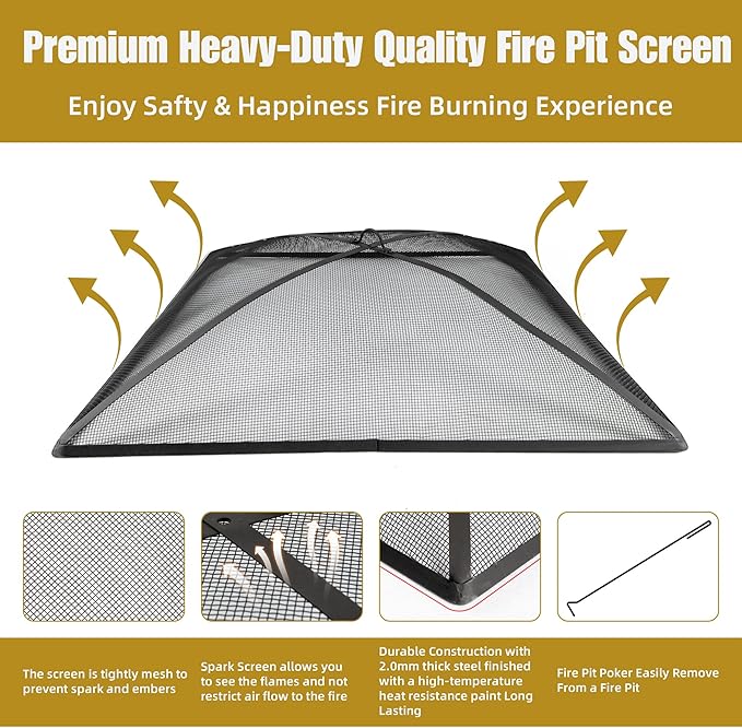 WeCooper Heavy Duty Fire Pit Spark Screen Cover,36in Steel Mesh Square Fire Pit Screen, FirePit Ember Guard with FirePit Poker