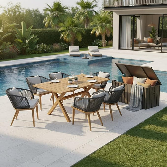 PURPLE LEAF 7 Pieces Patio Dining Set with Storage Box Wicker Teak-Finish Outdoor Furniture Rectangular Table and Chairs Set for Garden Deck Backyard Kitchen, Cushions and Pillows Included