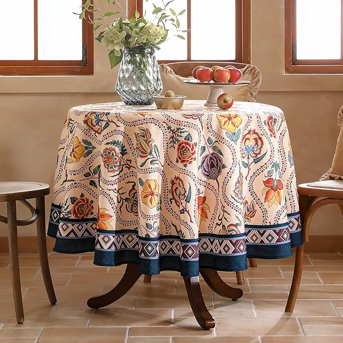 Vintage French Round Tablecloth,Linen Extra Long Tablecloth with Rose and Cornflower Pattern,Decorative Table Cover for Kitchen,Dining,Thanksgiving,Party,Diameter 67"-Lanae