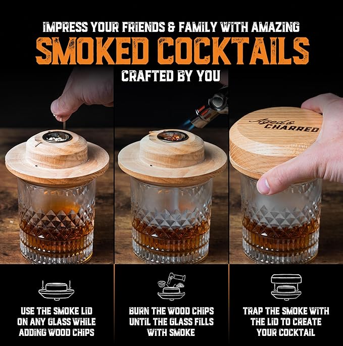 Whiskey Smoker Kit with Torch - 8 Flavors Wood Chips - Bourbon Gifts for Men, Cocktail Smoker kit - USA Oak Smoke Lid (No Butane)