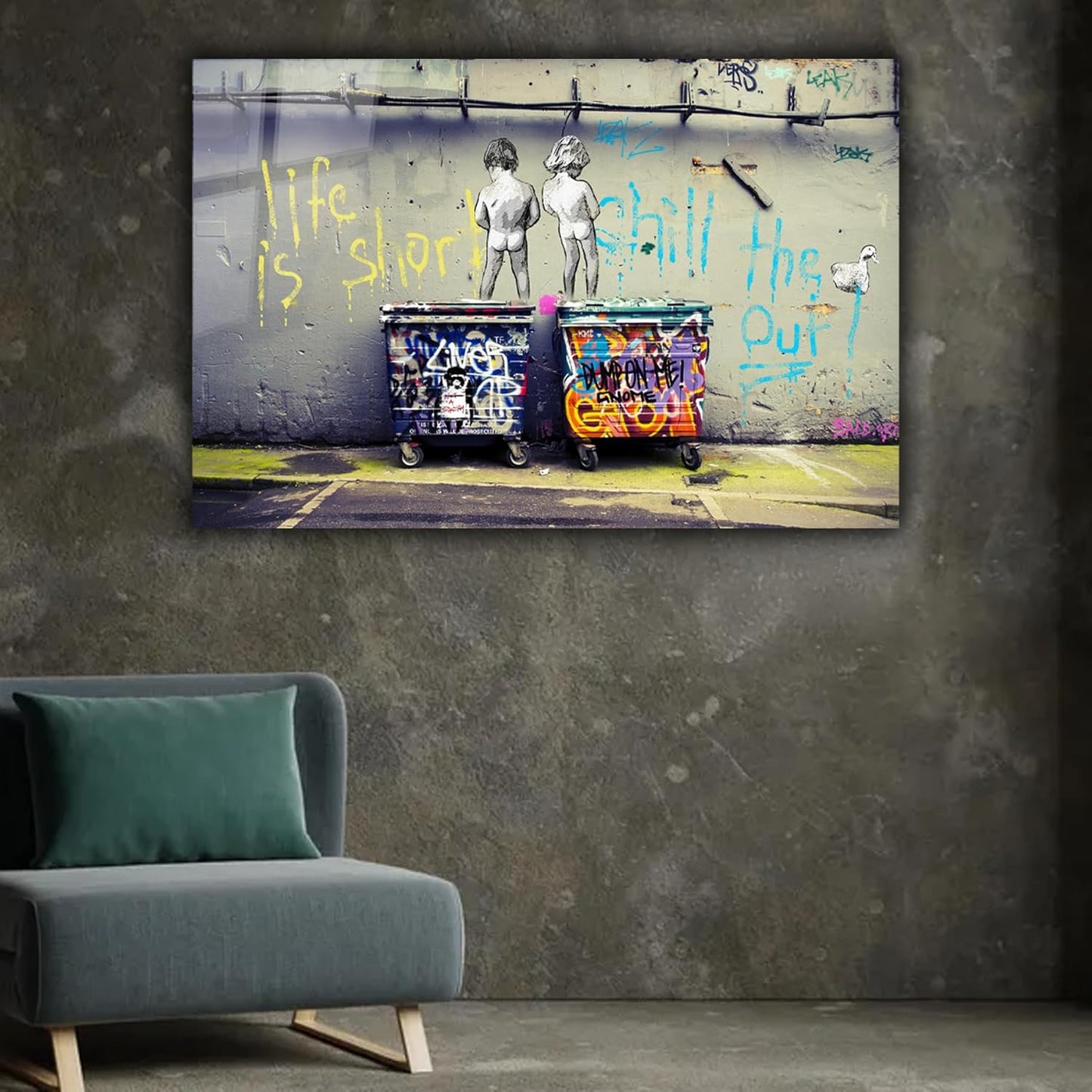 SpiritualHands Banksy Peeing Boys Life Is Short Printed Tempered Glass Wall Art Painting for Living Room, Tempered Glass Modern Prints Decor, Large Vivid Color Panel for Bedroom, Kitchen, or Office
