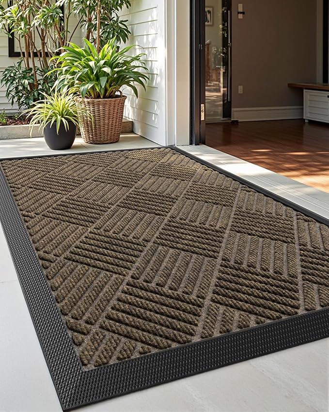 DEXI Front Door Mat Outside Entrance, 17x29 Rubber Entry Doormat Heavy Duty, Welcome Mats Non Slip for Inside House Floor Entryway Back Doors Exterior Patio, Diamond Brown