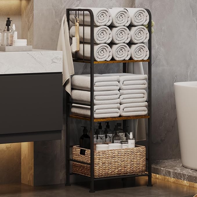 Towel Rack Free Standing 3-Tier M-Shaped Detachable Dividers, Durable Metal Towel Holder, Pool Items Holder, Space-Saving Storage Organizer, Modern Bath Towel Shelf for Bathroom Patent Pending