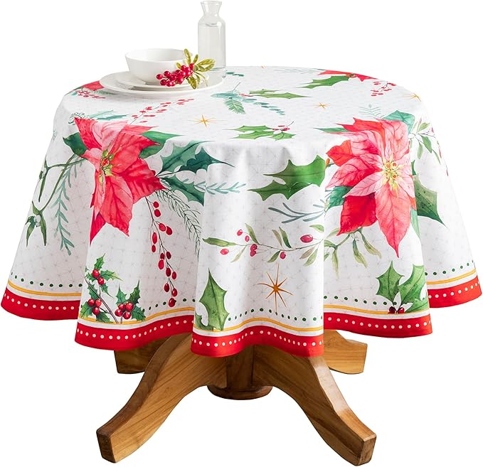 Maison d' Hermine Table Cloth Round Table 100% Cotton 63 Inches Fall Tablecloth Reusable Everyday Use for Thanksgiving Christmas Decorations Dining Farmhouse Party (Poinsettia Christmas)