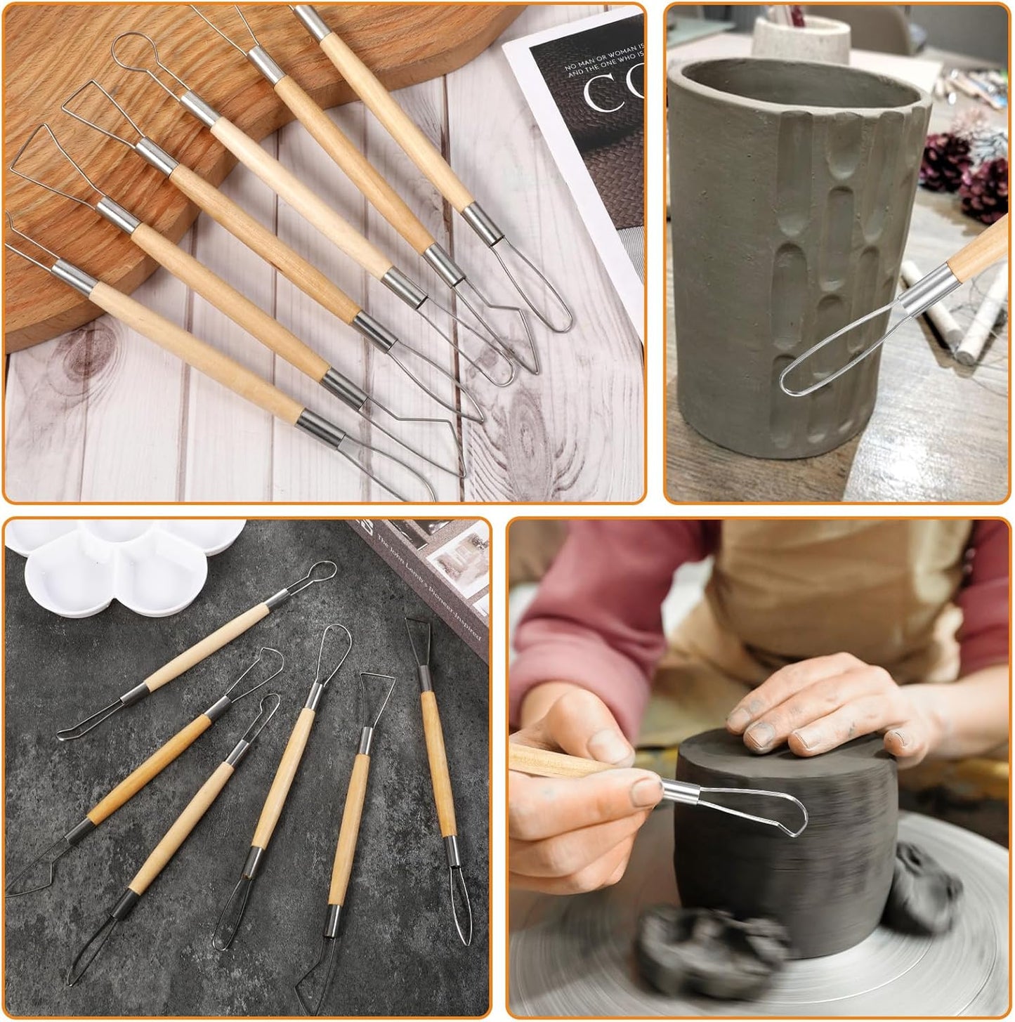 6Pcs Clay Sculpting Tools Ceramic Pottery Clay Ribbon Sculpting Tools Wooden Handle Sculpting Tools Kit Pottery Trimming Detail Tool Wire Loop Sculpture Set for Wax Carving Modeling