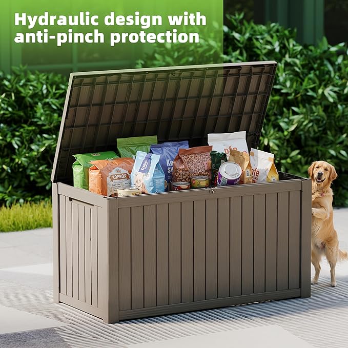 EasyUp 150 Gallon Outdoor Storage Box Waterproof, UV Resistant Resin Deck Box with Hydraulic Rod, Reinforced Stability for Patio, Garden, and Pool, Striped Gray