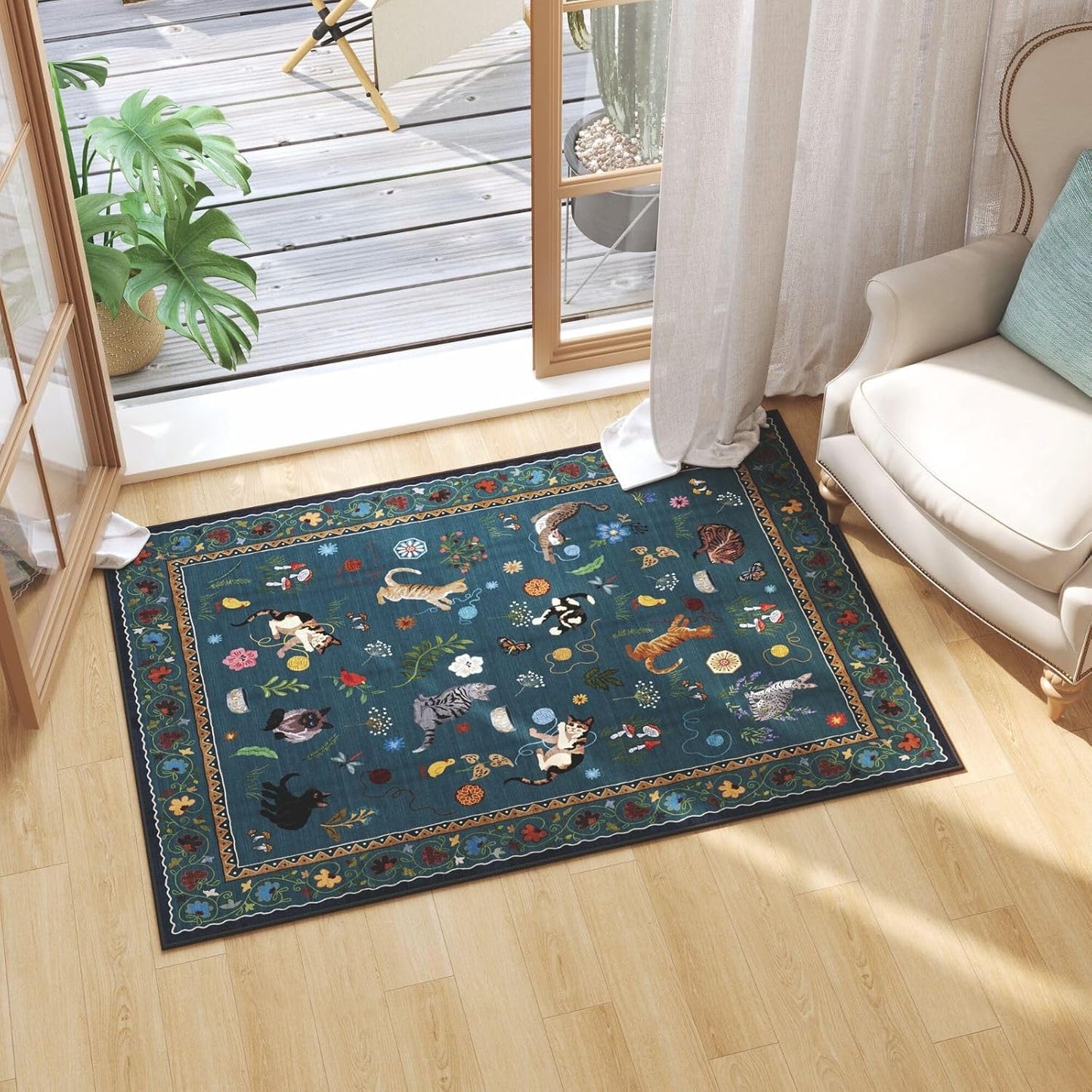 Rugcomf Door Mat Indoor Entrance 2x3 Rug Machine Washable Boho Floral Animal Cat Small Area Rug Non-Slip Low Pile Throw Rugs for Entryway Kitchen Front Door Indoor Entry Kids Room, Pearl Gentian Blue