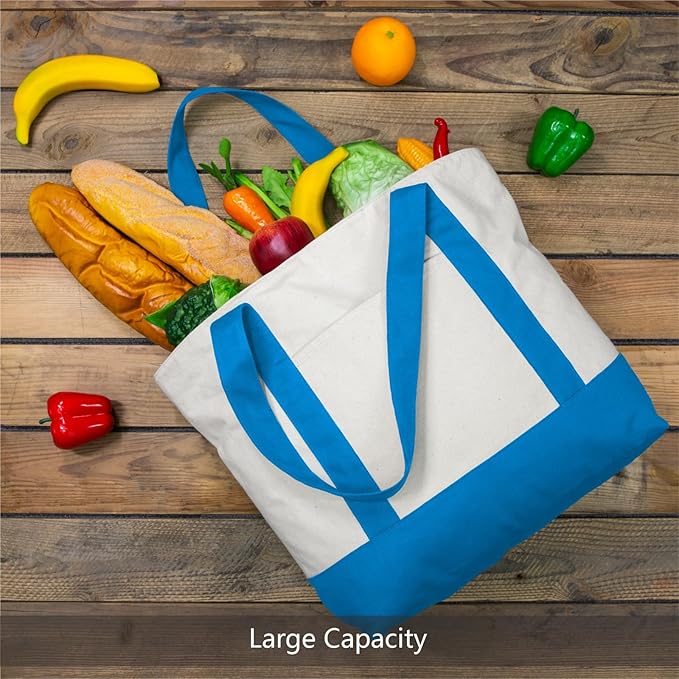 TOPDesign 6-Pack Canvas Tote Bags with an External Pocket, Reusable Grocery Shopping Bags, Top Zipper Closure, Daily Essentials (Ocean Blue/Natural)