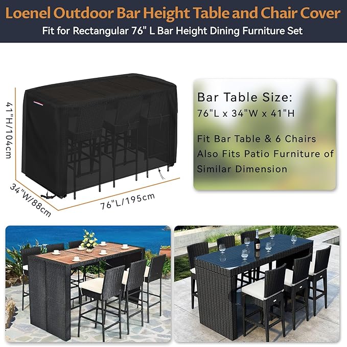 Outdoor Bar Height Dining Set Cover, Heavy Duty Waterproof Patio Bar Height Table and Chair Cover for Rectangular 76"L Tall High Furniture Set - 76"L x 34"W x 42"H