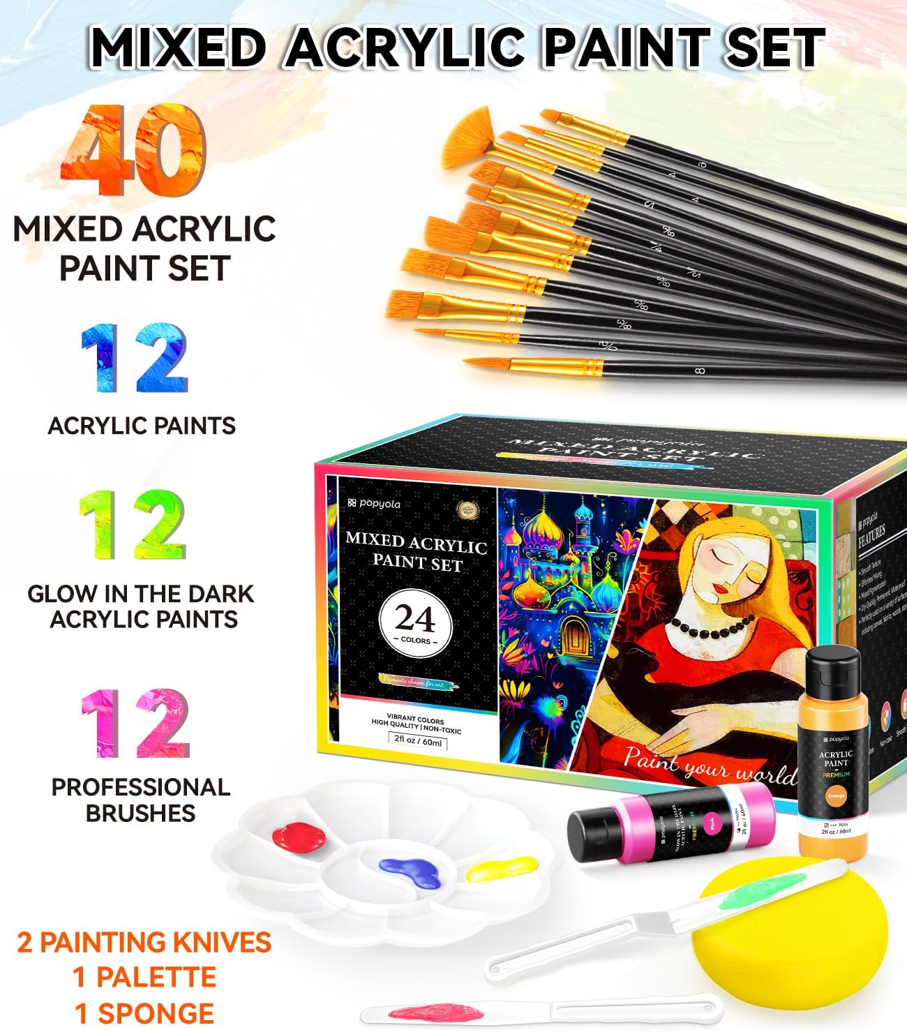 40 PCS Classic & Glow in the Dark Acrylic Paint Set with 12 Brushes, 2 Knives & Palette, 24 Colors Art Craft Paint for Beginners, Halloween Pumpkin Canvas Ceramic Rock Painting Kit