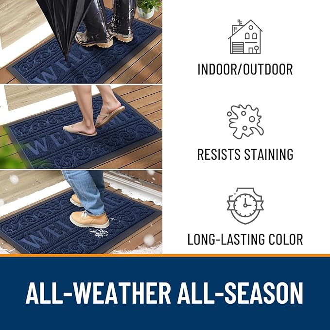 OLANLY Welcome Door Mat Indoor Outdoor Entrance, Heavy Duty Sturdy Front Door Mat, Waterproof All-Weather Doormat, Stain Resistant, Low Profile, Easy Clean Patio Entryway Mat, 47 x 32, Navy Blue