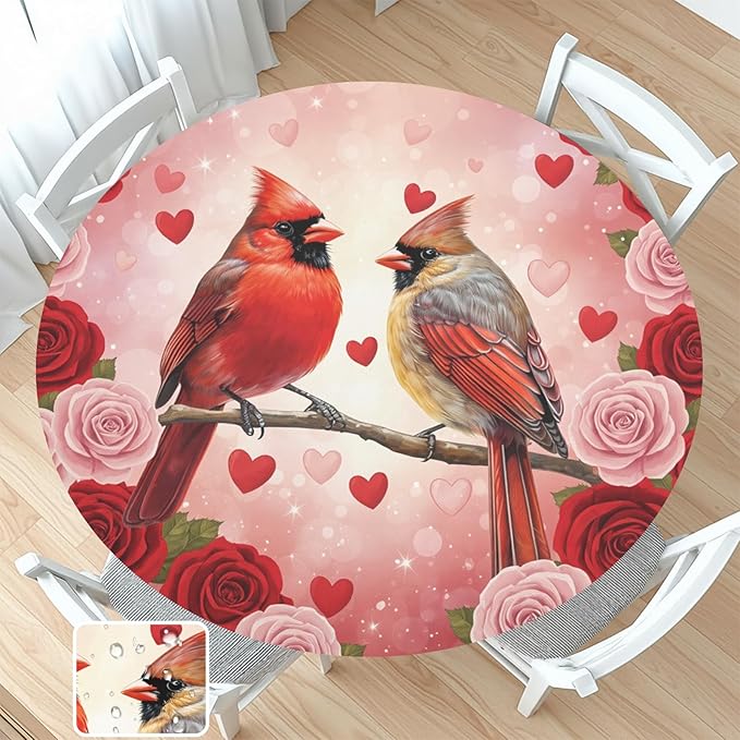 Valentines Day Round Fitted Tablecloth with Elastic Cardinal Bird Heart Circle Table Cloth for 44-48" Tables Wipeable Waterproof Washable Valentine Red Birds Table Cover for Picnic Dining Party Decor