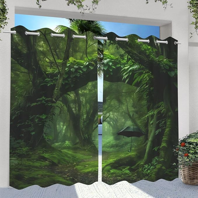 Nature Theme Waterproof Outdoor Curtains for Patio,Forest Pattern,Privacy, Grommet Curtains for Patio, Pergola, Porch, Deck, Lanai, and Cabana,2 Panels,W36 x L84,Green