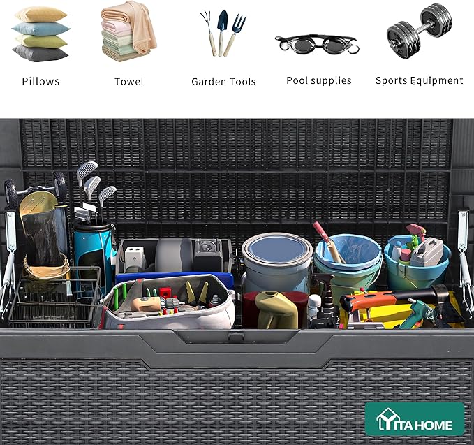 YITAHOME 100 Gallon Outdoor Storage Box, Large Water Resistant Resin Deck Box, Indoor Outdoor Lockable Storage Container for Patio, Garden, Cushions, Tools, Equipment (Dark Gray)